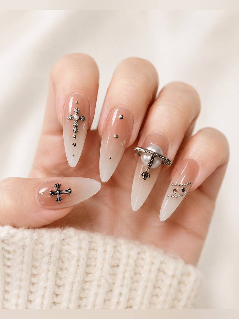 Silver Cross Stiletto Press On Nails - size: M